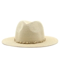 Classic straw jazz fedora with woven rope and wooden bead chain for beach sun protection - Beige