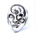 Silver stainless steel ring featuring a unique split design of a human face and a skull - US 13 / Steel