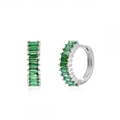 Silver hoop earrings with emerald green rectangular gemstones on a white background - Silver with Green Baguette Zircon Hoop