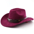 Close-up of purple western cowboy hat with brown belt and silver bull head metal ornament - M (56-58cm) / Burgundy