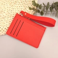 Slim red荔枝纹PU card holder wallet with three slots and a convenient wrist strap - 019 Bright Red