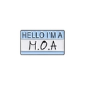 Blue and white rectangle enamel pin featuring HELLO I'M A M.O.A text on white background - M.O.A-Blue