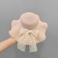 Women's pink straw beach hat with white lace bow and wavy brim for summer sun protection - Pink Lace Bow Style