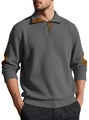 Men's dark grey knit Henley shirt with brown contrast patches and stand collar - S / Gray