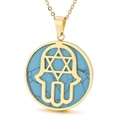 Golden Hamsa hand and Star of David pendant necklace with blue turquoise inlay - Gold Hamsa Hand Blue Stone Style (KP48213-K)