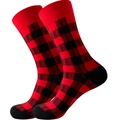 Mid-calf socks featuring classic red and black buffalo plaid check knit pattern - Lumberjack Red Black Plaid