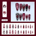Donkere gotische stiletto opdruk nagels met rood verloop en zilveren 3D-metalen lijnen - Dark Night Contract [Lijm Stijl](Z1194)