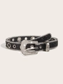 Close-up of black western Y2K belt with sparkling rhinestones and silver metal eyelets - 103cm(Size S) / 2.3cm Wide/Rhinestone Buckle Beaded Edge / Black