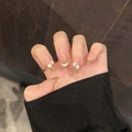 Handmade cat-eye press-on nails with elegant white tulip patterns in almond shape - Medium Oval (2827) / Extra Small (XS)