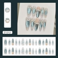 Blue cat eye clover press-on nails with 3D pearls and rhinestones in almond shape - Glacier Ice Crush Style (Z1212)