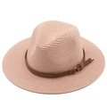 Pink orange straw panama hat with a dark brown leather band and metallic buckle - Adjustable / Pink Orange