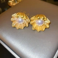 Vintage gold shell earrings with center white pearl and matte metallic finish - 36# Silver Earring Post - Gold Pearl Shell