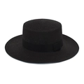Detailed view of black straw boater hat featuring a matching grosgrain ribbon band - Black