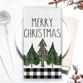 Torchon de cuisine blanc avec texte Merry Christmas et motifs d'arbres de Noël écossais - 40*60cm / XWJ02-1 (Sapin de Noël)