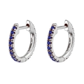 Detail of 14k gold huggie earrings featuring a row of round-cut blue zircon gemstones - Silver Blue Stone