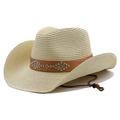 Classic straw western cowboy hat in beige with studded leather band and chin strap - M (56-58cm) / Beige