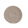 Macro detail of round woven cotton coaster in light brown and white spiral pattern - Khaki and Beige