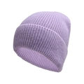 Detail showing the fine vertical ribbed knit texture of a light purple winter beanie - Purple