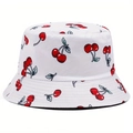 Summer sun hat with white fabric and cherry print design for UV protection - One Size / Cherry White