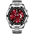 Silver steel men's watch with deep red heart pattern dial and quartz movement - Silver Case Red Dial Steel Strap