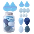Detail of 14-piece blue makeup sponge set in bottle including teardrop and thumb puffs - Hair Styling Tool Set / Blue