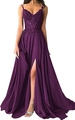 Elegant purple V-neck evening gown with lace embroidery sequins and a high slit - L (US 12) / Purple