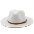 Detail of white straw hat showing fine weave texture and brown band with gold buckle - M (56-58cm) / Pure White