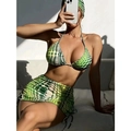 Dreiteiliger Bikini mit Rock und Kopftuch im grün-gelben Polka-Dot-Print-Design - S / Grün & Gelb Polka Dot