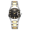 Detail of classic two-tone watch face featuring sparkling rhinestones and a date window - Silver Two-tone with Black Dial