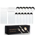 24-piece stainless steel cutlery set with light blue handles in a black gift box - 24-Piece Set / White Silver