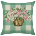 Linen pillow cover with green plaid pattern and pink rose floral basket illustration - 18x18 Inch / Pink White Rose Basket Green Gingham (LYD443-1)