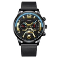 Men's stylish black mesh strap watch with multi-functional chronograph dial and gold markers - Black Band Blue Needle