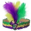 Mardi Gras sequin headband with green purple and gold feathers and jester mask - One Size / Jester Mask Style B