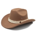 Brown wool cowboy hat with curved brim, white woven band and vintage M metal badge - M (56-58cm) / Khaki