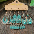 Bohemian vintage turquoise and bronze earring set featuring tassel and geometric charms - Fan-shaped Geometric Totem Tassel Style (HQEF-0958)