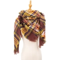 Plaid blanket scarf in brown, yellow and white check with fringed edges - Brown Plaid