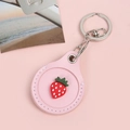 Pink leather strawberry keychain and AirTag holder with silver metal ring and clip - Snap Button Style - Pink Strawberry