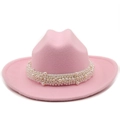 Detail of pink wool felt fedora featuring layered pearl band decoration and flat brim - M (56-58cm) / Pink