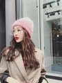Chic pink rabbit hair knitted beanie hat for women styled with trendy square glasses - Red
