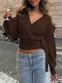 Elegant brown V-neck wrap knit top with crossover bandage design for women's autumn style - S / Coffee