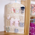 Hanging closet organizer with 16 clear pockets in beige fabric for socks and underwear - Beige