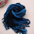 Blue and black plaid cashmere-feel scarf with fringe tassels on a soft pink surface - XLB-008 Blue and Black