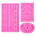 Molde de silicona con motivos barrocos y hojas para decoración de tartas y dulces - Set de 3 piezas / Rosa