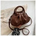 Brown pleated cloud handbag in soft PU leather with dual handles and long shoulder strap - Brown