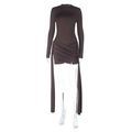 Detail of deep brown slim fit dress showing side pleats and vertical ribbon design - XS / Brown