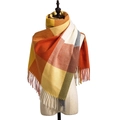 Plaid tassel shawl scarf in vibrant orange, bright yellow and grey cashmere-like knit - Orange Yellow Grid