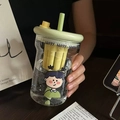 Green lid glass water bottle with tea infuser and happy happy happy cartoon print - 600ml / Green