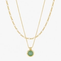 Double-layered 24K gold plated Figaro chain necklace with round green aventurine pendant - Necklace / Green Aventurine