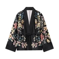 Zweiteiler aus Satin-Blazer mit Blumenmuster und Hose mit elastischem Bund in Schwarz - XS / Tops