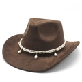 Dark brown suede cowboy hat with double-row pearl chain and water-drop pearl charms - Brown